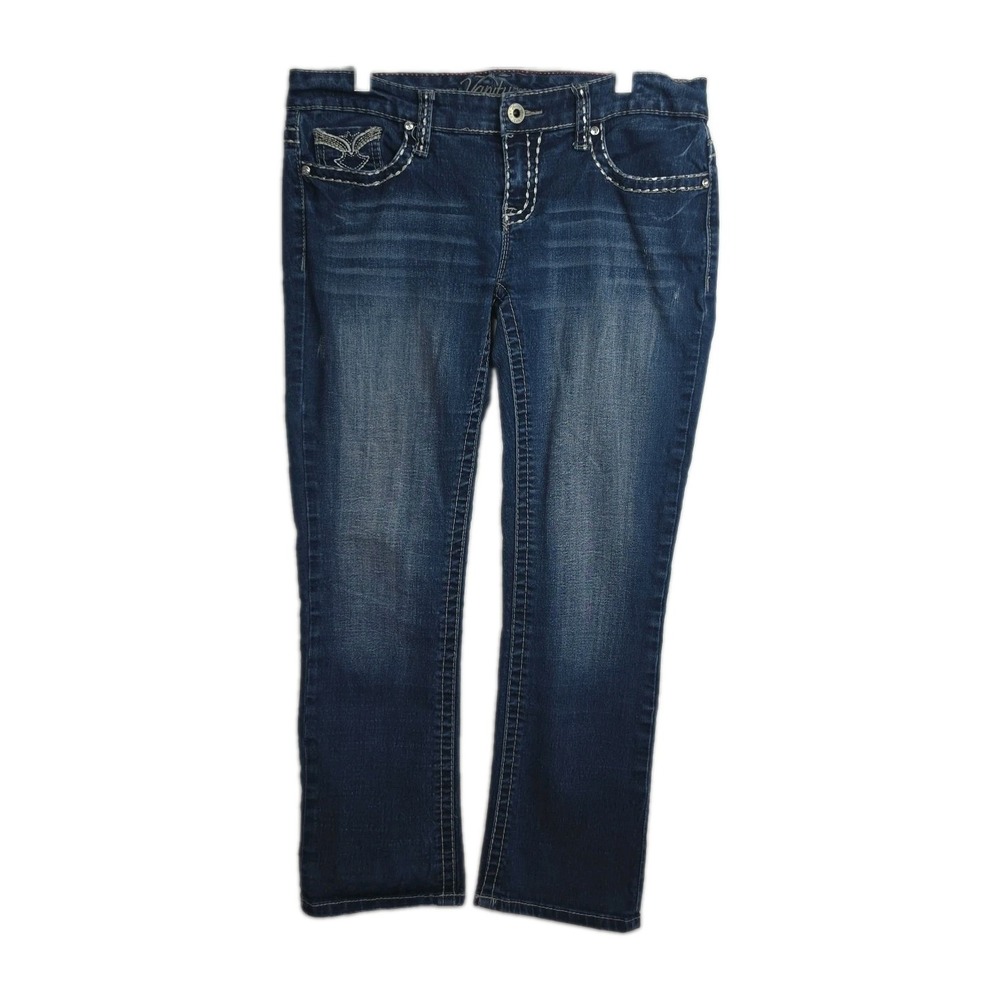 Vanity Cropped Jeans Women's Size 29 Blue Straight Leg Embroidered Rhinestones